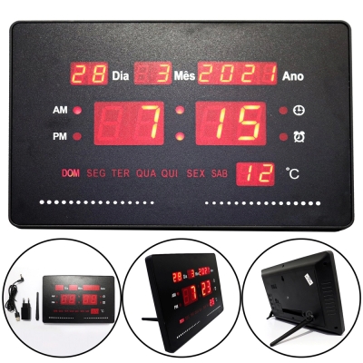 Relógio Digital de Parede LE-2114 Com Termômetro e Calendário
